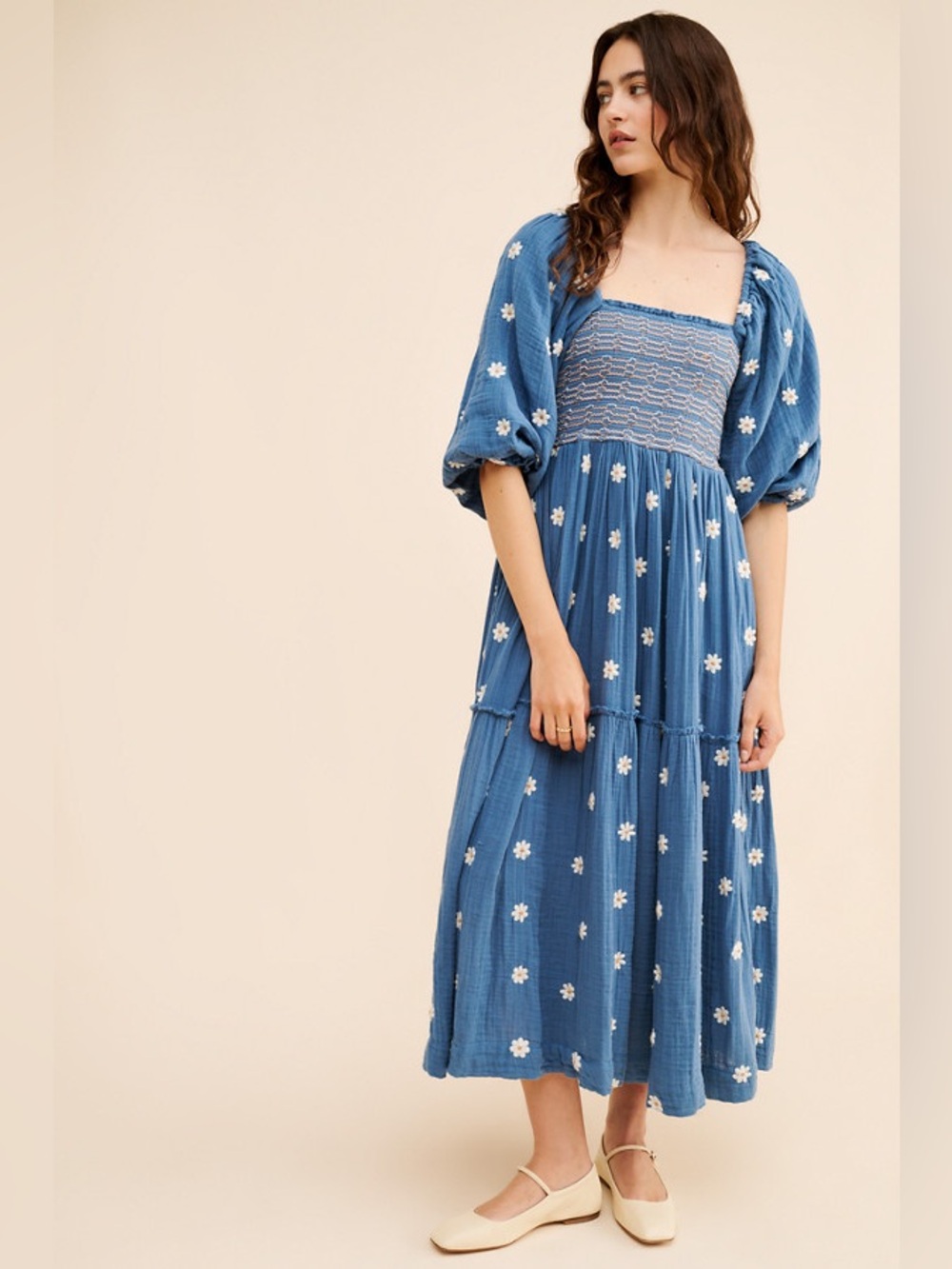 Free People Dahlia Embroidered Maxi Dress Blue Smocked Square-Neck with Daisies